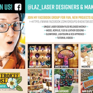 May include: A promotional graphic for Laz Laser Designers & Makers featuring a person wearing glasses and a necklace, alongside text promoting a Facebook group. It displays various laser-cut products including night lights, shelf sitters, magnets, car diffusers, sun catchers, and hair clips.
