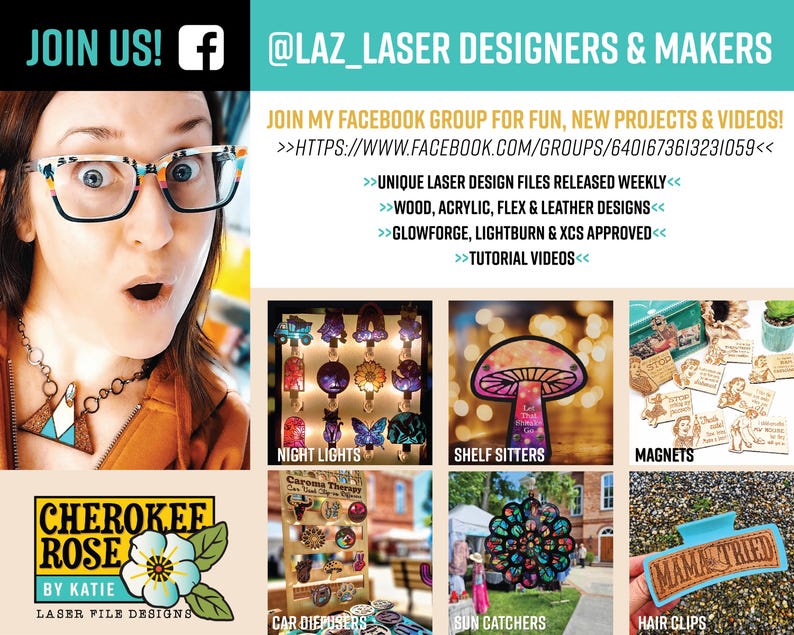 May include: A promotional graphic for Laz Laser Designers & Makers featuring a person wearing glasses and a necklace, alongside text promoting a Facebook group. It displays various laser-cut products including night lights, shelf sitters, magnets, car diffusers, sun catchers, and hair clips.