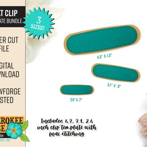 May include: A digital download of three different sized flat clip templates with faux stitching. The templates are 4.3 inches by 1.3 inches, 3.1 inches by 0.9 inches, and 2.4 inches by 0.7 inches. The templates are shown on a white background.