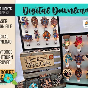 May include: A display of handcrafted night lights with various designs, including a truck, owl, and angel. The night lights are made of wood and feature colorful accents. The image also includes text that says "Digital Download" and "Laser Design File."