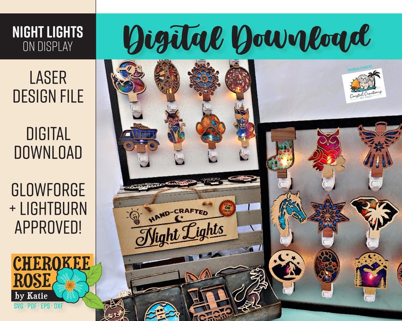 May include: A display of handcrafted night lights with various designs, including a truck, owl, and angel. The night lights are made of wood and feature colorful accents. The image also includes text that says "Digital Download" and "Laser Design File."