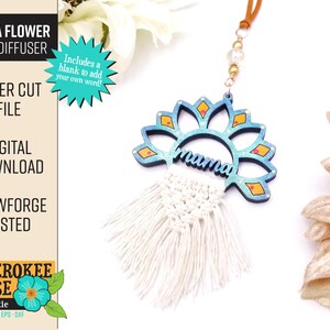 May include: Laser cut wooden car diffuser with a blue and yellow mandala design and the word "mama" in the center. The diffuser has a white tassel hanging from the bottom. The image includes the text "Includes a blank to add your own word!"