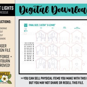 Puede incluir: Archivo de descarga digital para un dise&ntilde;o de corte por l&aacute;ser de una luz nocturna de rescate de mascotas. El dise&ntilde;o presenta una casa con un perro y un gato dentro. El archivo es compatible con los programas Glowforge y Lightburn. El tama&ntilde;o final del dise&ntilde;o es de 9,32 cm por 10,79 cm. Puedes vender art&iacute;culos f&iacute;sicos que hagas con este archivo, pero no puedes compartir o revender este archivo.