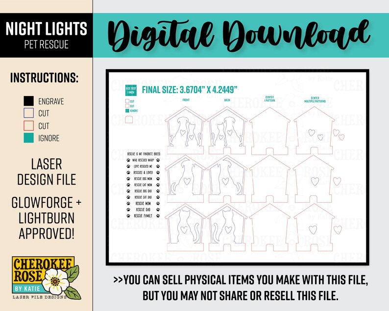 Puede incluir: Archivo de descarga digital para un dise&ntilde;o de corte por l&aacute;ser de una luz nocturna de rescate de mascotas. El dise&ntilde;o presenta una casa con un perro y un gato dentro. El archivo es compatible con los programas Glowforge y Lightburn. El tama&ntilde;o final del dise&ntilde;o es de 9,32 cm por 10,79 cm. Puedes vender art&iacute;culos f&iacute;sicos que hagas con este archivo, pero no puedes compartir o revender este archivo.