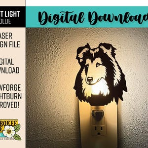May include: A night light featuring a Collie dog design. The black and white silhouette of the dog is mounted on a white electrical outlet. The night light is plugged into a wall outlet and emits a soft glow.