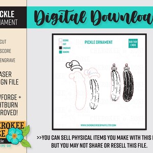 May include: A digital download file for a laser cut pickle ornament. The file includes three designs: a pickle with a Santa hat, a plain pickle, and a pickle with a black and white pattern. The file is compatible with Glowforge and Lightburn.