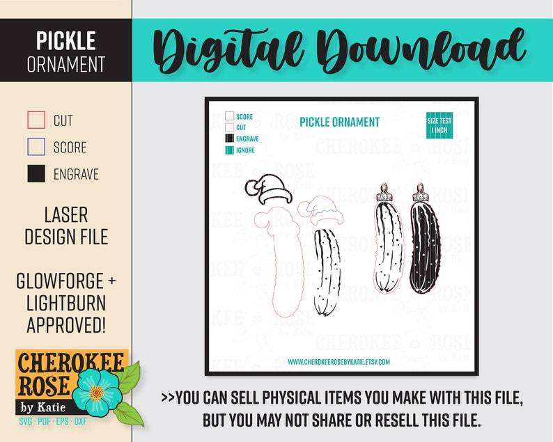 May include: A digital download file for a laser cut pickle ornament. The file includes three designs: a pickle with a Santa hat, a plain pickle, and a pickle with a black and white pattern. The file is compatible with Glowforge and Lightburn.