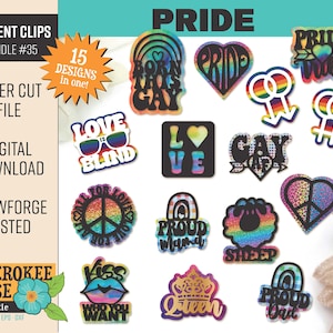 May include: A set of 15 digital designs for laser cutting car vent clips. The designs feature a rainbow color scheme and various pride-themed phrases and symbols, including "Love is Blind", "Born This Gay", "Proud Mama", "Proud Dad", "Queen", "Gay AF", "Pride Vibe", "Kiss Who You Want", and "Sheep".