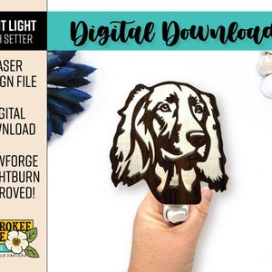 May include: A wooden night light featuring the head of an Irish Setter dog. The design is a laser cut file, with the words "NIGHT LIGHT IRISH SETTER" and "Digital Download" visible. The design is Glowforge and Lightburn approved.