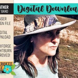 May include: A digital download design file for a feather hat band. The design is approved for use with Glowforge and Lightburn laser cutters. The design is by Cherokee Rose and includes SVG, PDF, EPS, and DXF file formats.