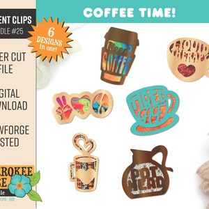 May include: Six laser cut designs for car vent clips featuring coffee-themed illustrations. The designs include a coffee cup with the text "Need Coffee", a coffee cup with the text "Tired AF", a coffee pot with the text "Pot Head", a coffee cup with the text "Liquid Therapy", a peace sign with a heart and a coffee bean, and a coffee cup with a heart and steam.