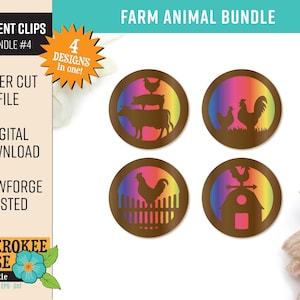 Puede incluir: Cuatro diseños coloridos de corte láser con animales de granja. Los diseños incluyen un gallo, un granero, un cerdo y una vaca. Los diseños son perfectos para los clips de ventilación del automóvil.