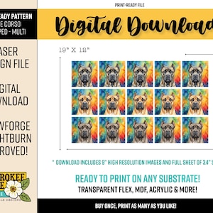 May include: Digital download featuring a Cane Corso pattern. The design includes multiple images of the dog breed, each approximately 3.4 x 3.4 inches, set against a colorful background. The file is ready for laser design and printing on various substrates.