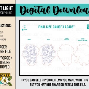 May include: Digital download laser design file for a night light featuring an Irish Wolfhound. The file is approved for Glowforge and Lightburn. The final size is 3.4189" x 4.3406". Instructions include cut and ignore options. The design is by Cherokee Rose.