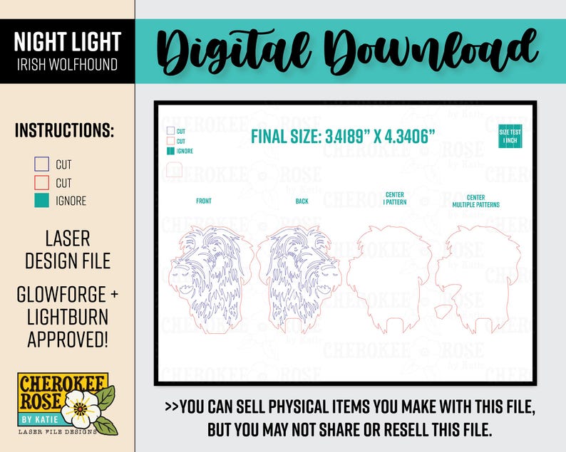 May include: Digital download laser design file for a night light featuring an Irish Wolfhound. The file is approved for Glowforge and Lightburn. The final size is 3.4189" x 4.3406". Instructions include cut and ignore options. The design is by Cherokee Rose.