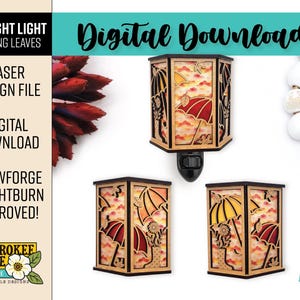 May include: Wooden night lights with a laser-cut design featuring umbrellas and falling leaves. The night lights have a warm, inviting glow and are designed for use with Glowforge and Lightburn. The text "Digital Download" is visible.