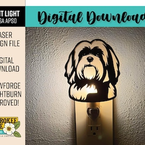 May include: A black and white Lhasa Apso night light design. The night light is plugged into a wall outlet and has a cutout of the dog's face. The image also includes the text "Digital Download" and "Laser Design File".