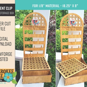 May include: A wooden display and storage box for car vent clips. The box is made of light-colored wood and features a decorative lattice design. The text "CAR VENT CLIP DISPLAY/STORAGE BOX" is visible. The dimensions are 18.25" x 8".