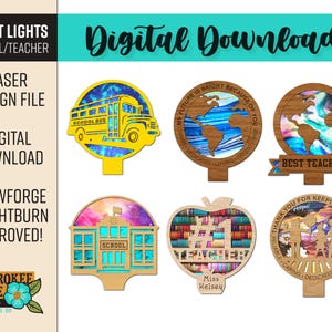 May include: Set of six laser cut night light designs for teachers. The designs include a school bus, a school building, a globe, an apple with books, a stack of books, and a teacher with children. The designs are all on a wooden background with a light blue and white color scheme.
