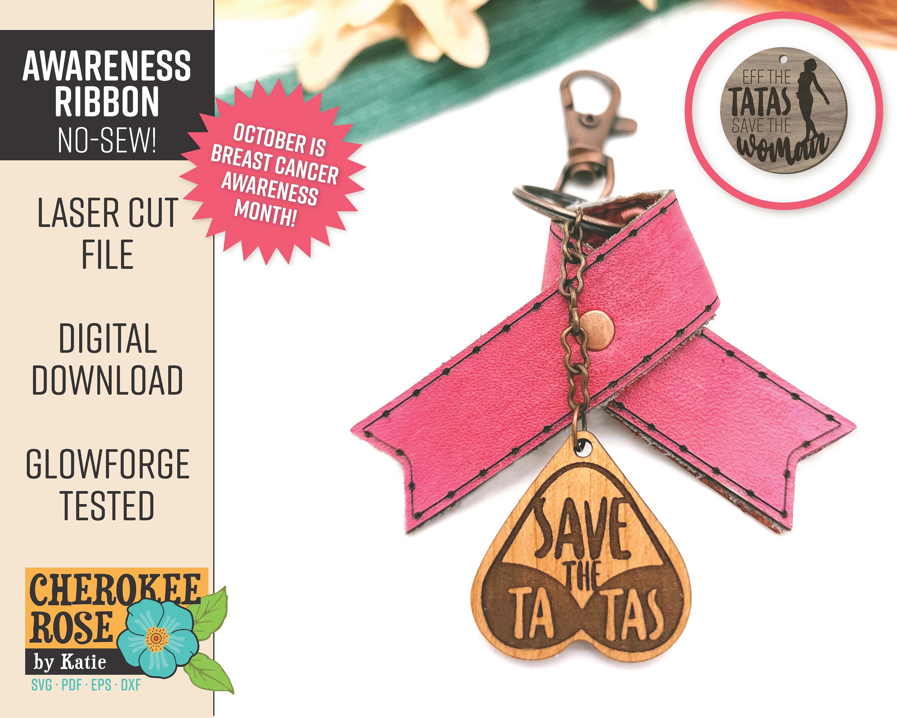 Awareness Ribbon Keychain Design File- Leather Ribbon svg - Save the Tatas Keycahin - Laser File - PDF - SVG [Digital File Only]