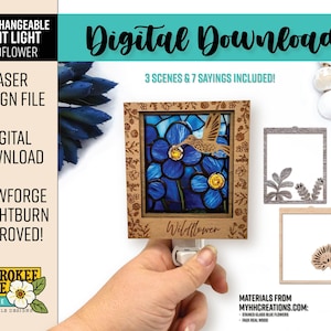 May include: A digital download design for an interchangeable night light. The design features a stained glass blue flower scene with a hummingbird, plus two additional scenes. The text reads "Wildflower".