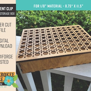 May include: A wooden box with a laser-cut design on the lid. The box is 8.75 inches by 11.5 inches and is made for 1/8 inch material. The box is labeled "Car Vent Clip Display/Storage Box" and "Laser Cut File".