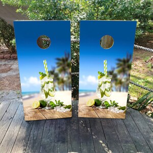 2 WATERPROOF Cornhole Wraps / Pair / MOJITO On The Beach Decals / Laminated / Easy to Apply / Pair of Cornhole Skins / Beachy / Beach Games