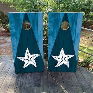 2 WATERPROOF Cornhole Wraps - Blue Nautical STARFISH Design / Laminated / Easy to Apply / Pair of Cornhole Skins / Wood Grain / Professional
