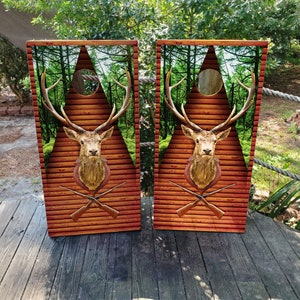 2 envoltórios de Cornhole IMPERMEÁVEIS / Par / Decalque de cabeça de veado montado / Laminado / Fácil de aplicar / Par de peles de Cornhole / Caça selvagem / Floresta