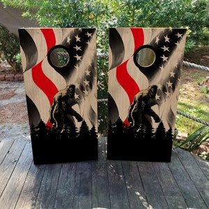 2 WATERPROOF Cornhole Wraps / Pair Thin Red Line and Sasquatch! / Laminated / Easy to Apply / Pair of Cornhole Skins / US Flag / USA / Wild