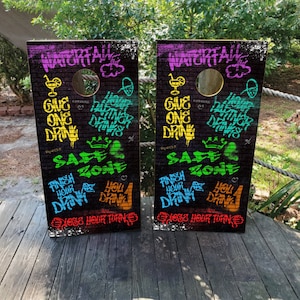 Graffiti Drinking Game Vinyl Laminated Cornhole Board Wraps | Cornhole Decals| Bags | Custom | Birthday | Wedding | Gift | Camping | Party