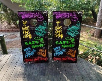 Graffiti Drinking Game Vinyl Laminated Cornhole Board Wraps | Cornhole Decals| Bags | Custom | Birthday | Wedding | Gift | Camping | Party