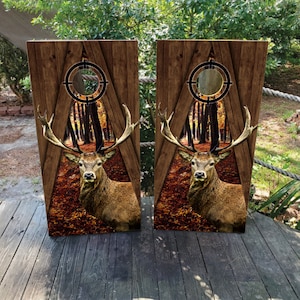 Deer Hunter Forest Vinyl Laminated Cornhole Board Wraps | Cornhole Decals | Custom | Birthday | Wedding | Gift | Camping | Party