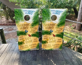 Palm Trees Party Drinking Game Vinyl Laminated Cornhole Board Wraps | Cornhole Decals