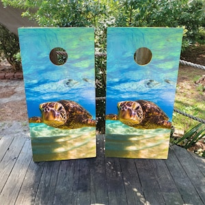 2 WATERPROOF Cornhole Wraps / Pair / Swimming Sea TURTLE Decals / Laminated / Easy to Apply / Pair of Cornhole Skins / Beachy / Ocean / Fish