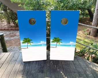Sea and Sand Vinyl Laminated Cornhole Board Wraps | Cornhole Decals | Custom | Birthday | Wedding | Gift | Camping | Party | Birthday Gift