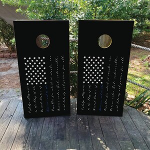 2 WATERPROOF Cornhole Wraps / Pair of Thin Blue Line USA Flag Decals / Pledge of Allegiance / Laminated / Easy to Apply / Cornhole Skins