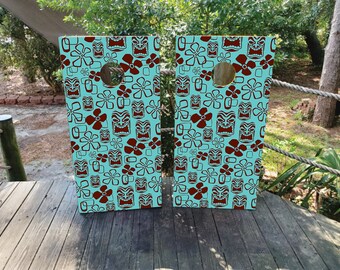 Tiki Party Game Vinyl Laminated Cornhole Board Wraps | Cornhole Decals