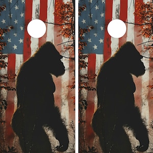 2 WATERPROOF Cornhole Wraps / Pair/ USA Flag and Bigfoot / Laminated / Easy to Apply / Pair of Cornhole Skins / Patriot / Custom Cornhole