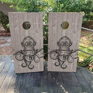 2 WATERPROOF Cornhole Wraps / Pair / Nautical OCTOPUS Decals / Laminated / Easy to Apply / Pair of Cornhole Skins / Beachy / Ocean / Fish