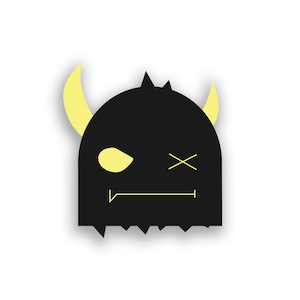 May include: A black monster with yellow horns and one eye closed. The monster has a jagged mouth and a cross for an eye.
