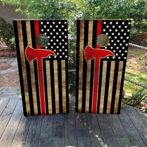 Thin Red Line, Axe, USA Flag, Firefighter Vinyl Laminated Cornhole Board Wraps | Cornhole Decals | Custom | Birthday | Wedding | Gift | Camp