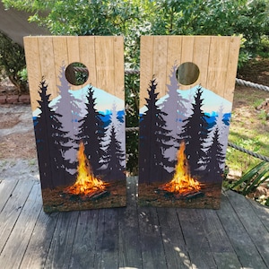 2 WATERPROOF Cornhole Wraps / Pair / Forest CAMPING Decal! / Laminated / Easy to Apply / Pair of Cornhole Skins / US Flag / Pnw / Bigfoot