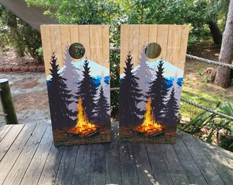 2 WATERPROOF Cornhole Wraps / Pair / Forest CAMPING Decal! / Laminated / Easy to Apply / Pair of Cornhole Skins / US Flag / Pnw / Bigfoot