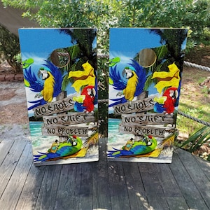 2 WATERPROOF Cornhole Wraps / Pair / 5&#39;Clock Somwhere Cornhole Decals / Laminated / Easy to Apply / Pair of Cornhole Skins / Beachy / Parrot