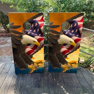 2 WATERPROOF Cornhole Wraps / Pair of Patriotic Sunset Eagle US Flag Decals! / Laminated / Easy to Apply / Pair of Cornhole Skins / US Flag