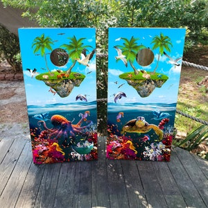 2 WATERPROOF Cornhole Wraps / Pair / FLOATING ISLAND Decals / Laminated / Easy to Apply / Pair of Cornhole Skins / Beachy / Sea Party / Gift
