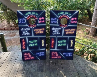 Neon Drinking Game Vinyl Laminated Cornhole Board Wraps | Cornhole Decals