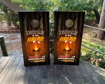 2 WATERPROOF Cornhole Wraps - Welcome to Our Fire Pit - Funny Cornhole Wrap - Laminated / Weatherproof / Easy to Apply /