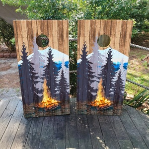 2 WATERPROOF Cornhole Wraps / Pair / Camping in the Mountains! / Decals / Laminated / Easy to Apply / Pair of Cornhole Skins / Nature / Gift